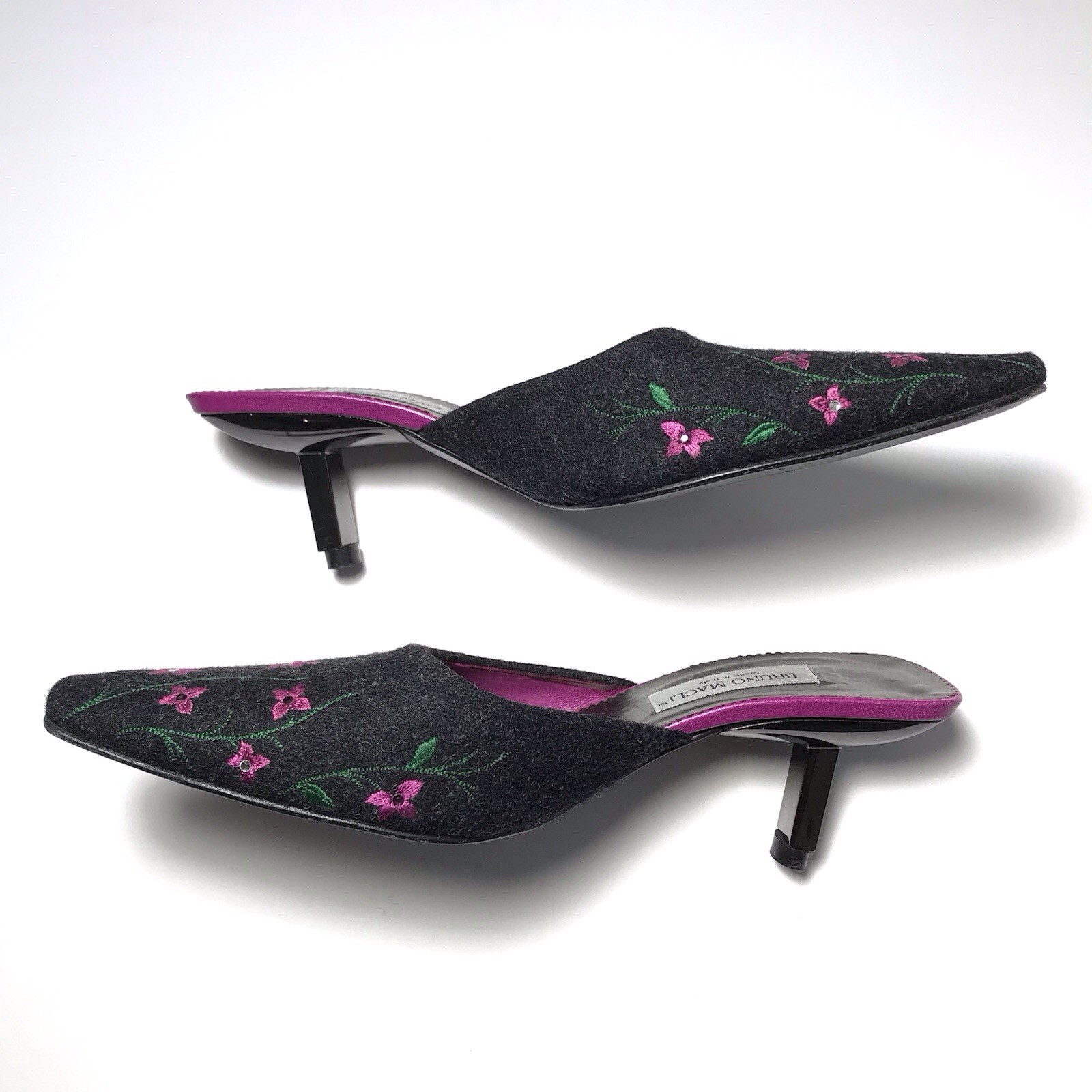 Bruno Magli Y2K Vtg Floral Embroidered Art Deco Heel Gray Wool Kitten Mules 5