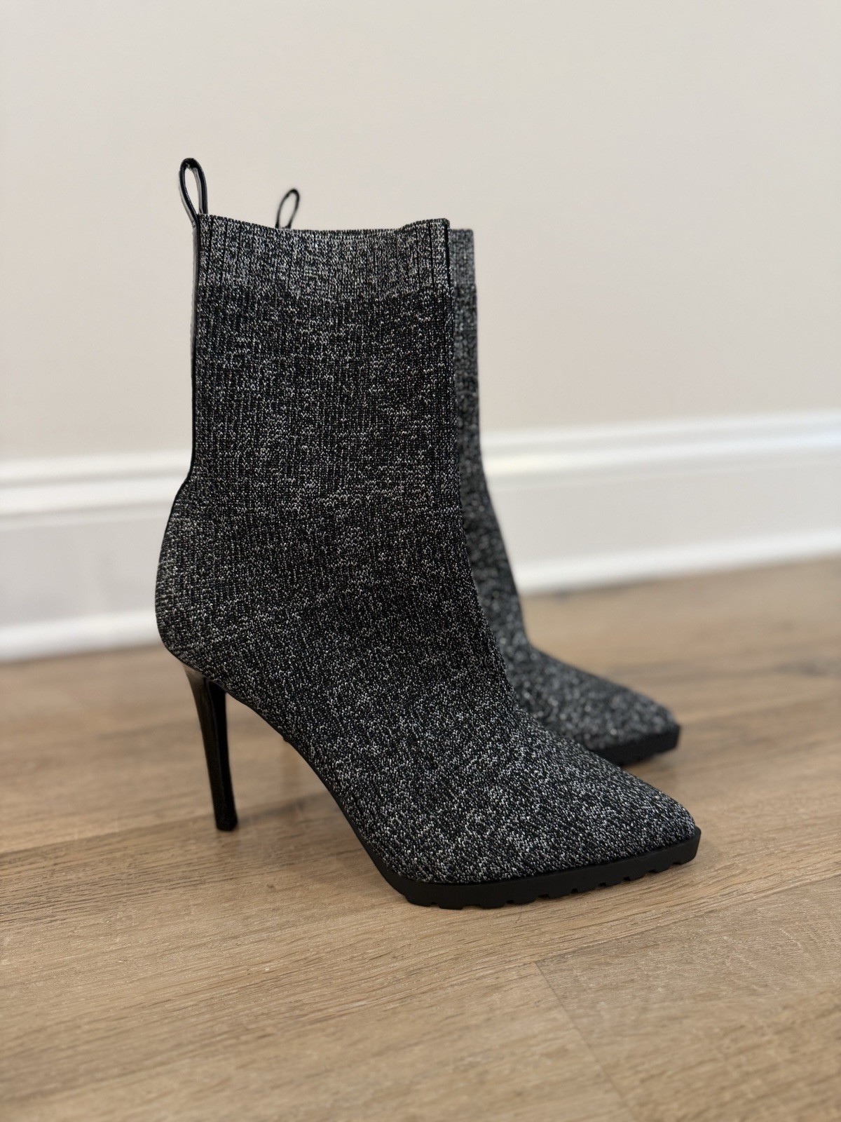 MIX No. 6 Black Silver Glitter Sock Ankle Boots Stiletto Heel Booties Women’s 7
