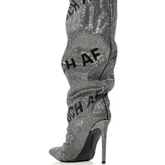 AZALEA WANG «AUTHENTICALLY AF» RHINESTONE KNEE HIGH BOOT IN SILVER Size 11