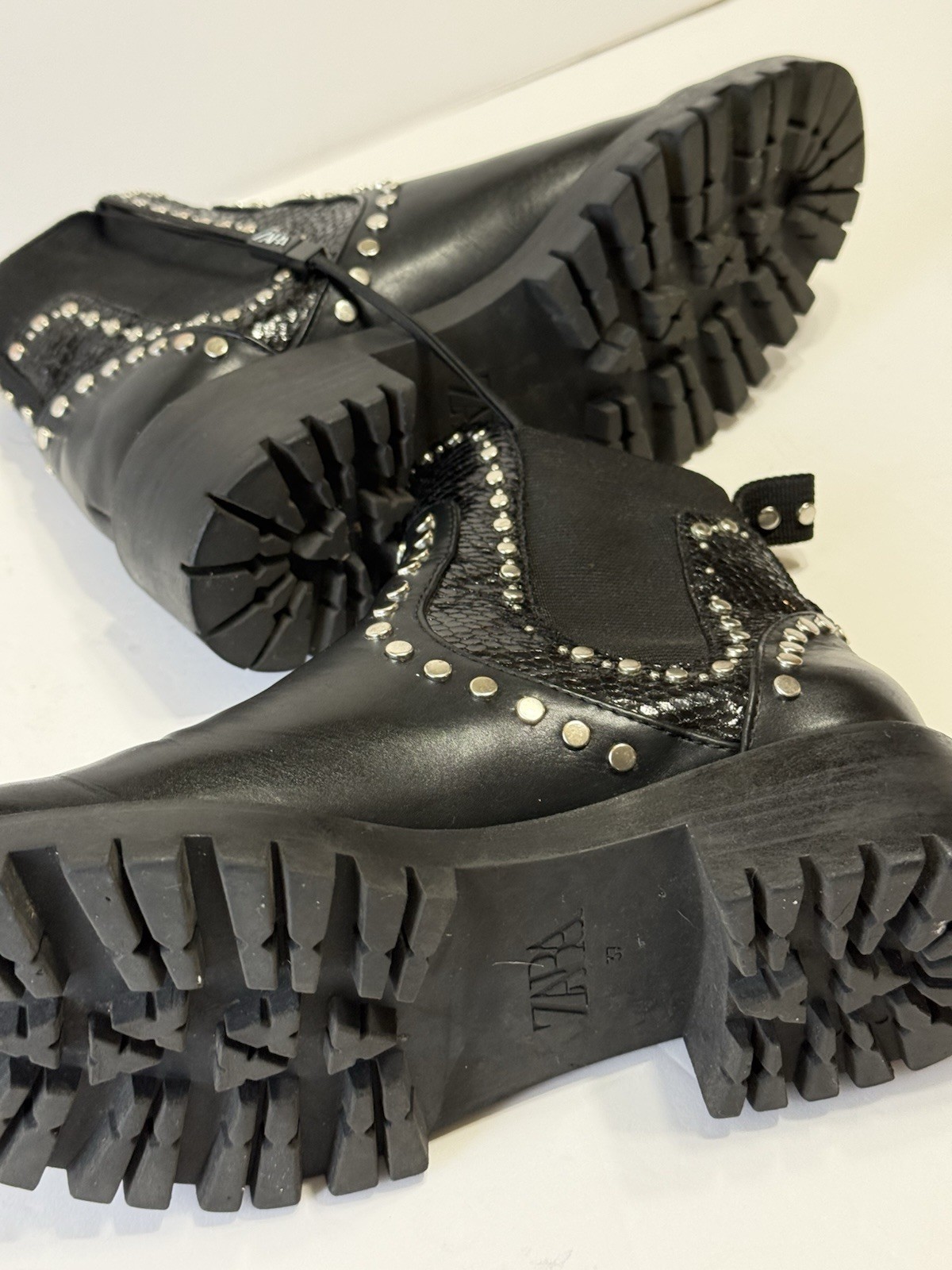 ZARA Black Studded Chunky Lug Sole Biker Ankle Boots Women’s Sz 37 (6.5)
