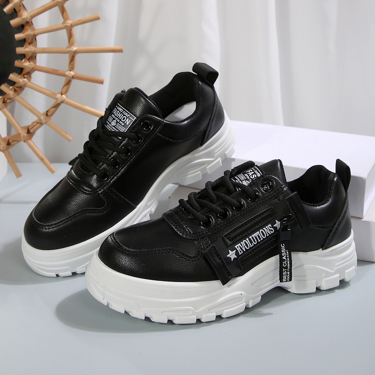 Lace-up Sports Shoes With Side-Zipper Design Fashion Thick-soled Round-toe Casua