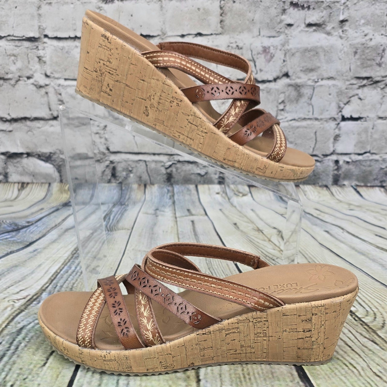 SKECHERS Beverlee Sandals Women 9 Brown Strappy Wedge Summer Comfy BOHO Shoe