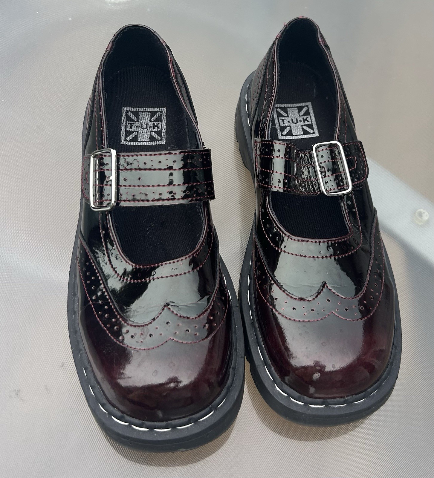 T.U.K. Size 11 Mary Janes Burgundy Patent Shoes, upper man made, rubber sole
