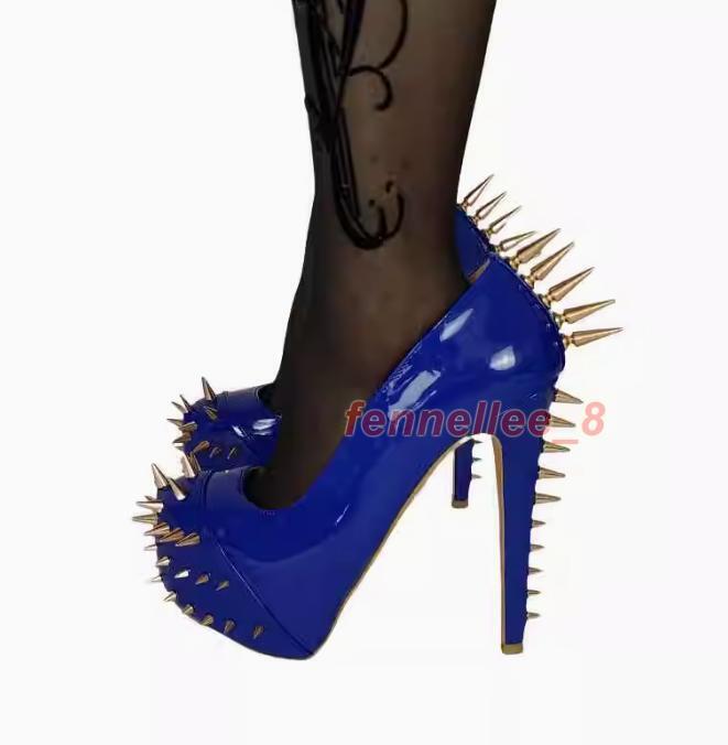 16CM Spike Riveted High Stiletto Heel Sexy Womens Platform Slip on Pumps Party