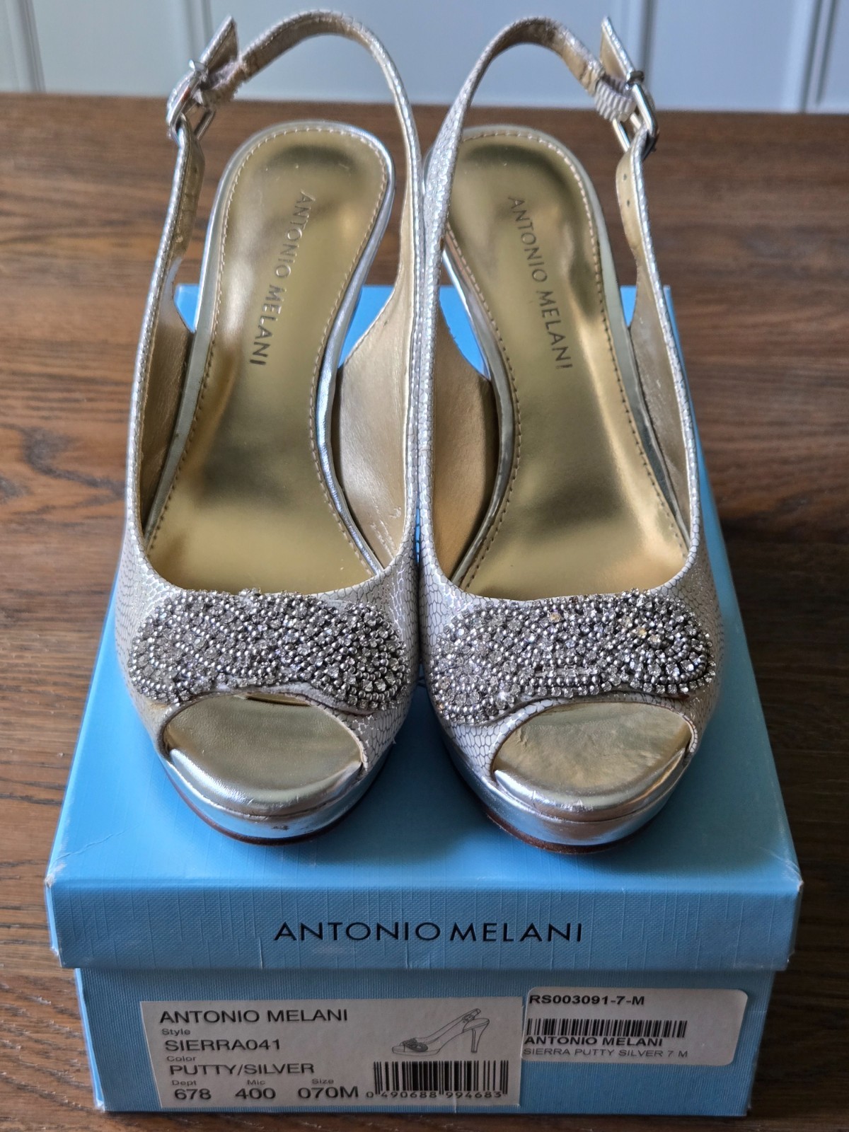 Antonio Melani Silver Sierra Sling Back Jeweled 4″ Heels – 7M