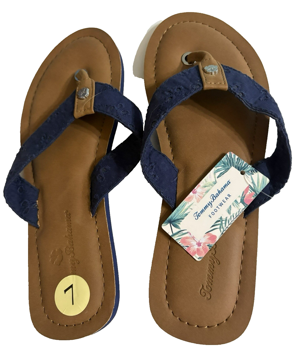 Tommy Bahama Thong Sandals 7, NWT Textile Upper, Man Made Material Navy/Brown