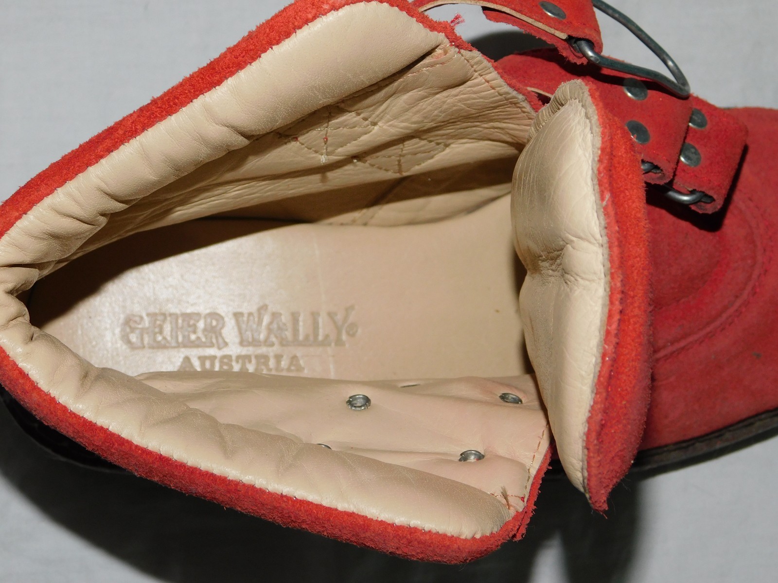 Vintage GEIER WALLY 38 7.5 8 Austria Red Suede Hiking Boots Metal Buckles Woman