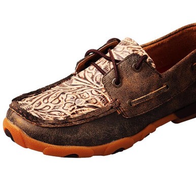 Twisted X Women’s Brown and Floral Embossed Boat Shoe Driving Moc SMUWDM53