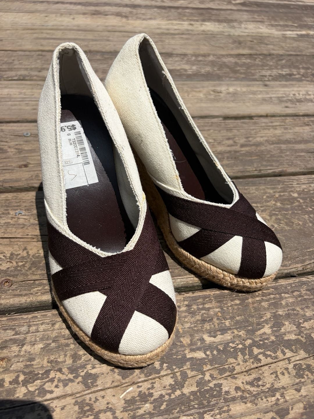 Charles Albert Cream and Brown Canvas Criss-Cross Wedge Espadrilles