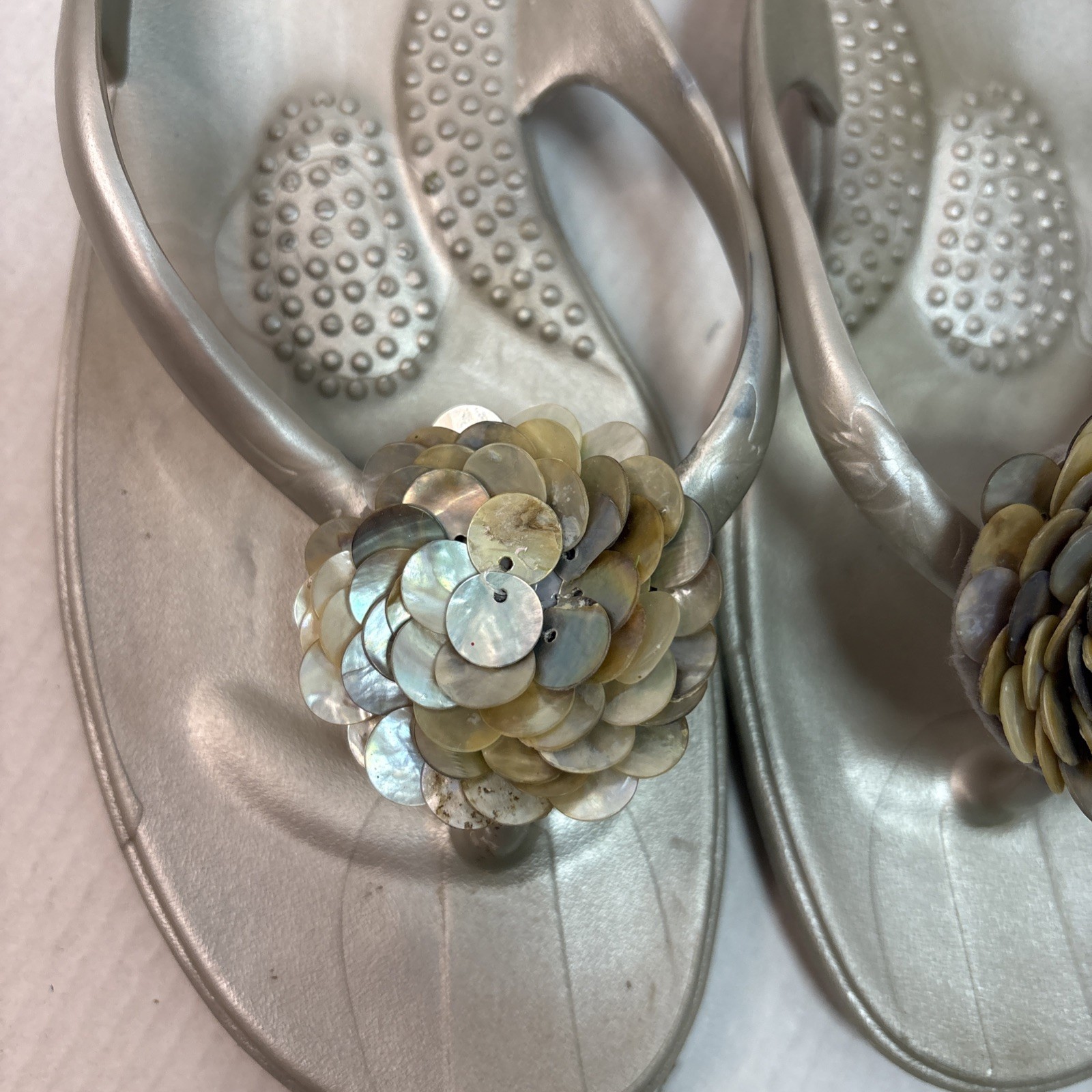 Oka B Flip Flop Sandals with Floral Embellishment Gray Womens Size Med Lg Rubber