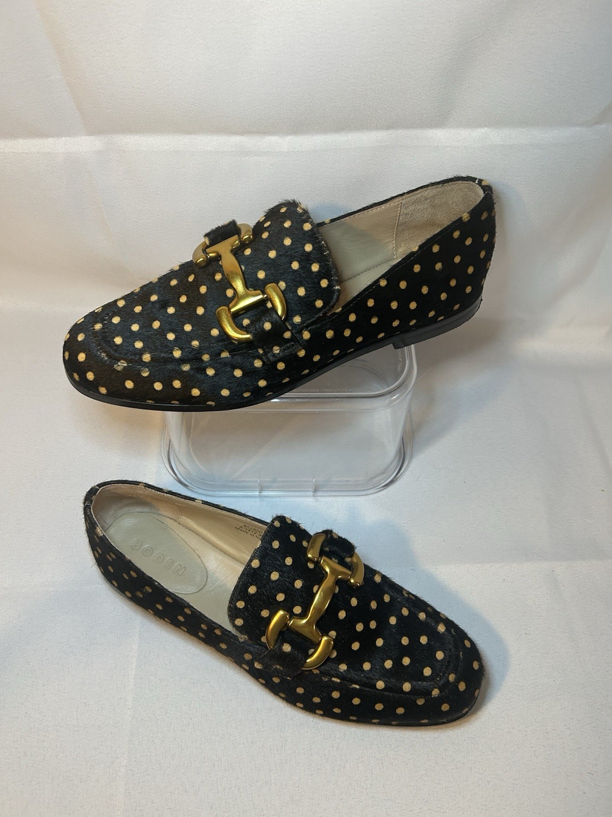 Boden Iris Snaffle Loafers Black Camel Polka Dot Calf Hair Leather Size 40 US 9