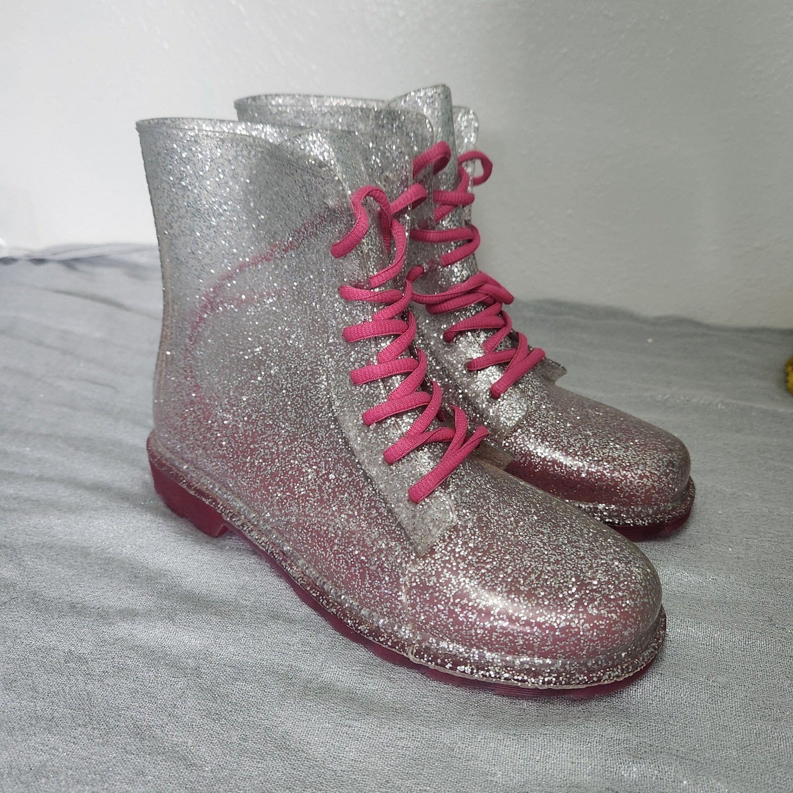 Silver Glitter Jelly Combat Rain Boots Pink Laces Lug Sole Size 5-6