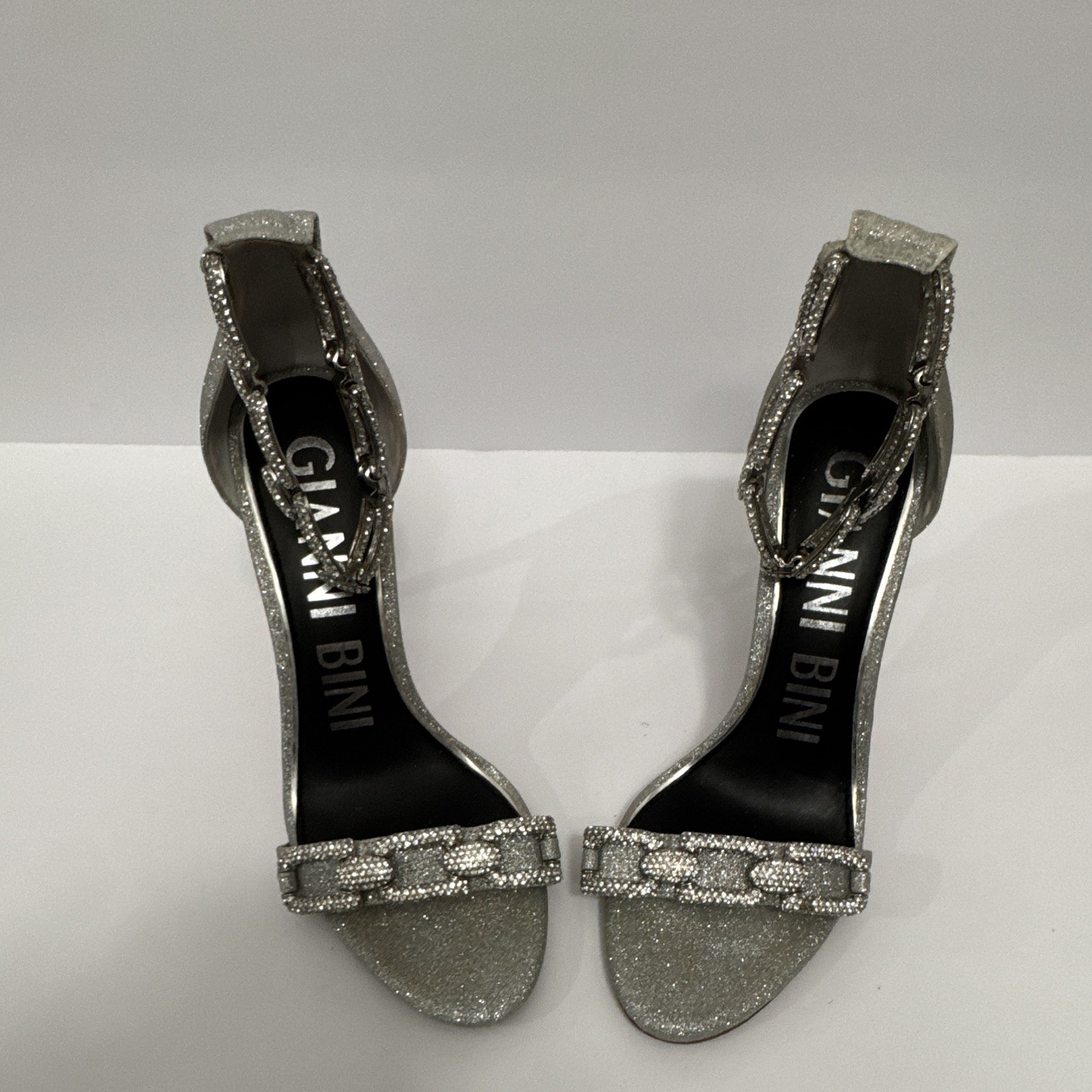 Gianni Bini Silver Glitter Synthetic Strappy Open Toe Ankle Strap Heels 7.5M
