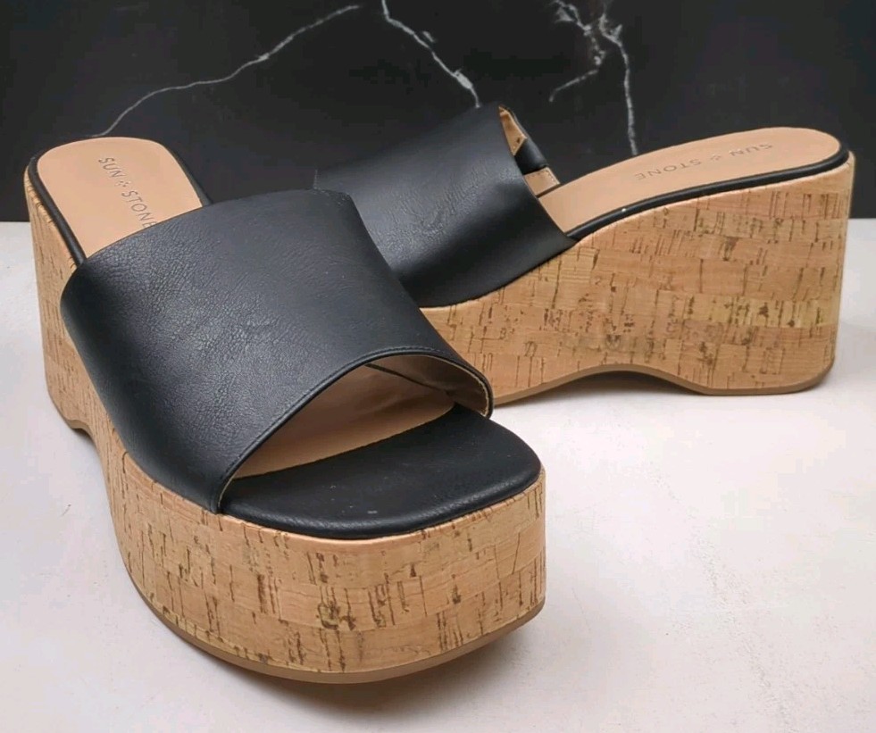 Sun + Stone Women’s Finleighh Faux Leather Wedge Sandal, Black, 9.5 Medium (B,M)