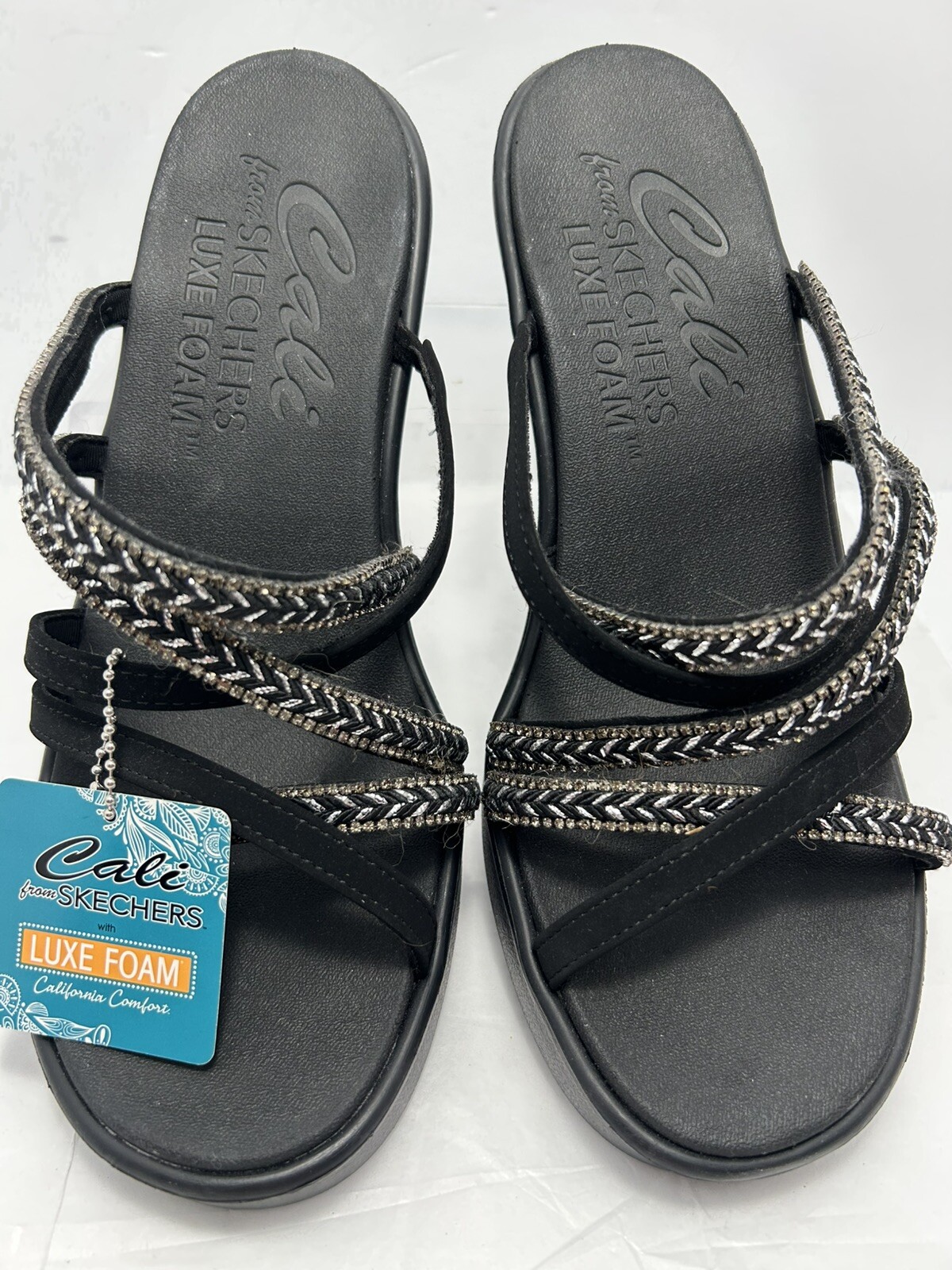 Cali from Skechers Luxe Foam Womens Wedge Sandals Size 10 Black w/ silver #JS
