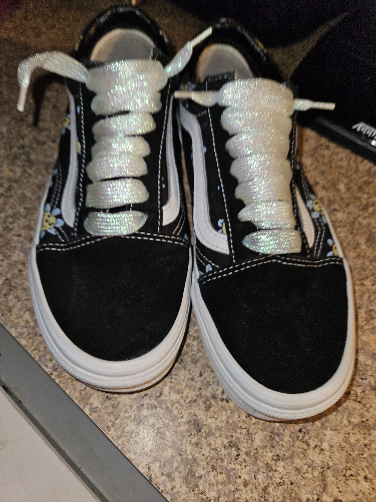 Size 7.5 – VANS Old Skool Black With Yellow And Blue Smiley Face Flowers