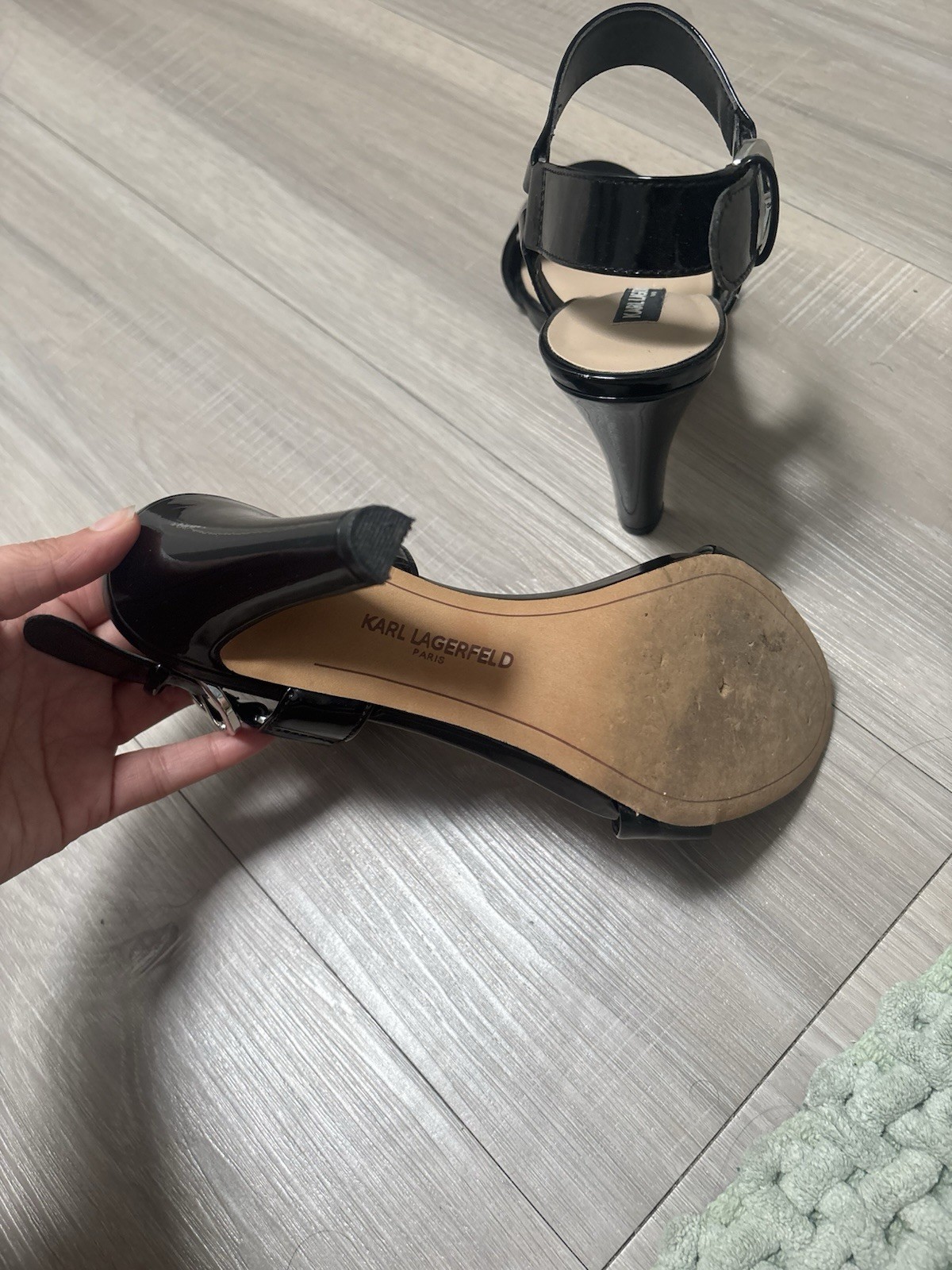 Karl Lagerfeld Paris Women’s Black Patent Strappy Ankle Strap Stiletto 7