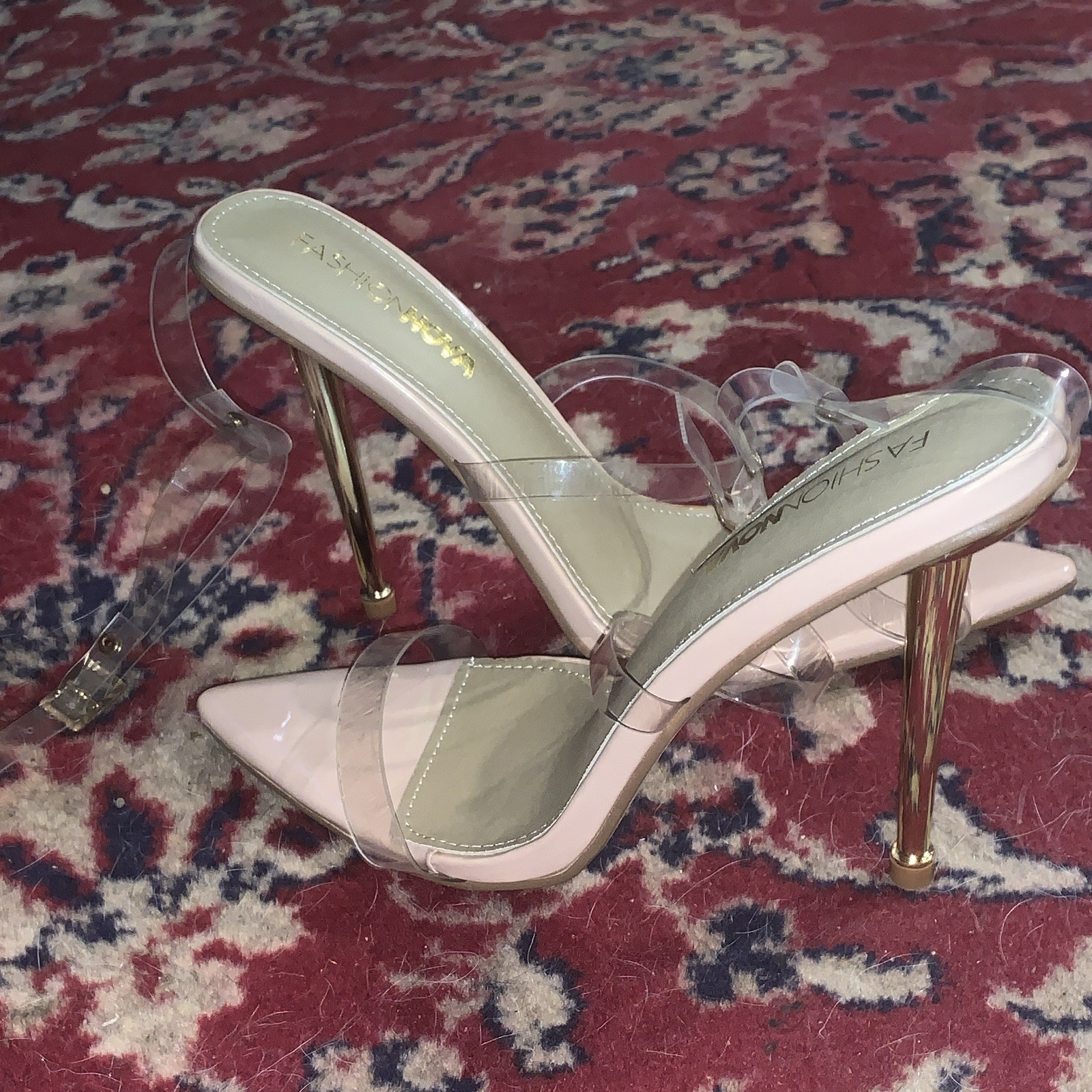 Fashion Nova Nude/Clear Strappy Stiletto Heels Pointed Toe Buckle 8.5