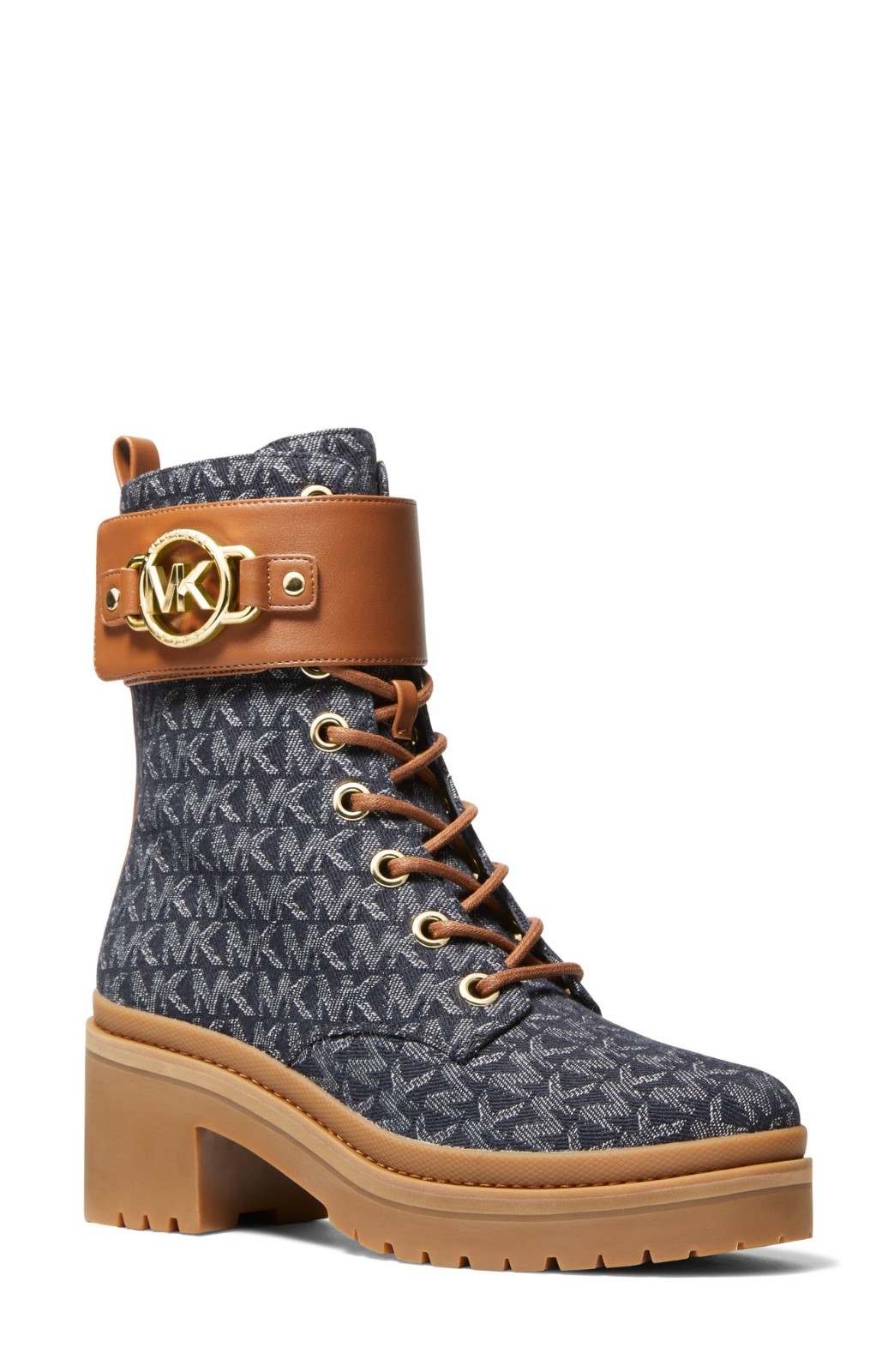 MICHAEL KORS RORY ICONIC GOLD LOGO MK PRINT COMBAT BIKER BOOTS 7 9 LOVE SHOES