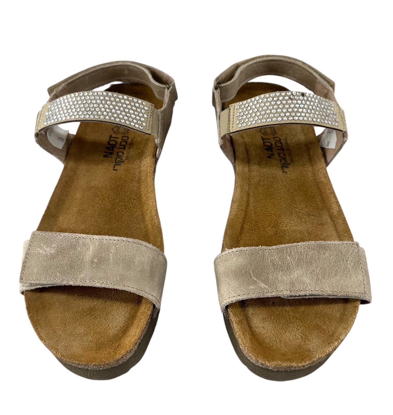Naot Women’s Lisa Rhinestone Taupe Sandals Hook & Loop Size 38