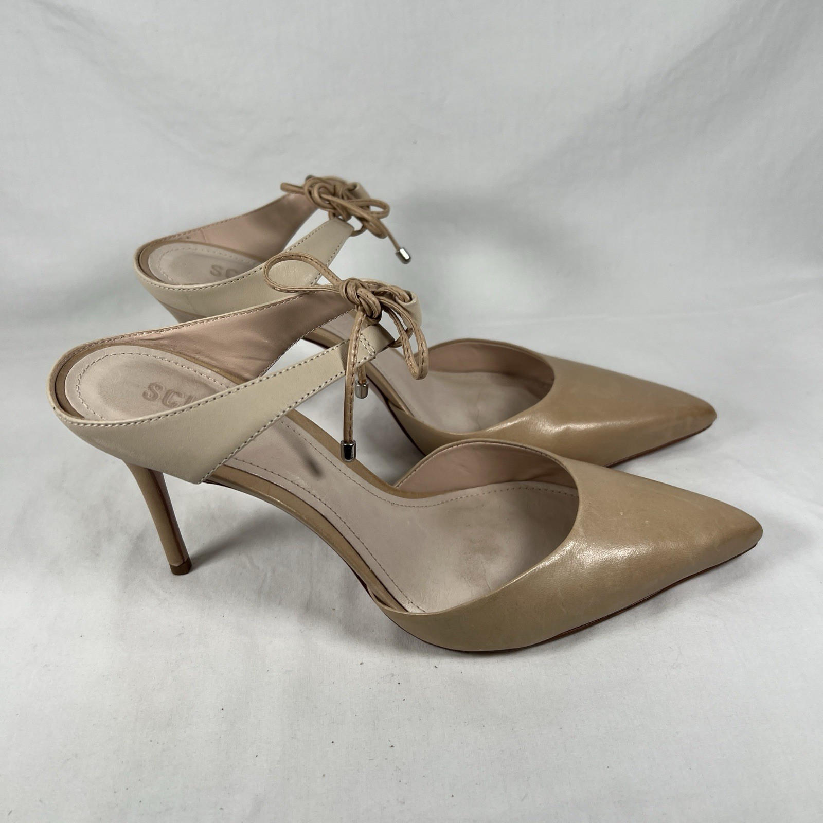 Schutz Nude Leather Pointed Toe Heels Ankle Tie Minimalist Quiet Luxury Sz 9.5B