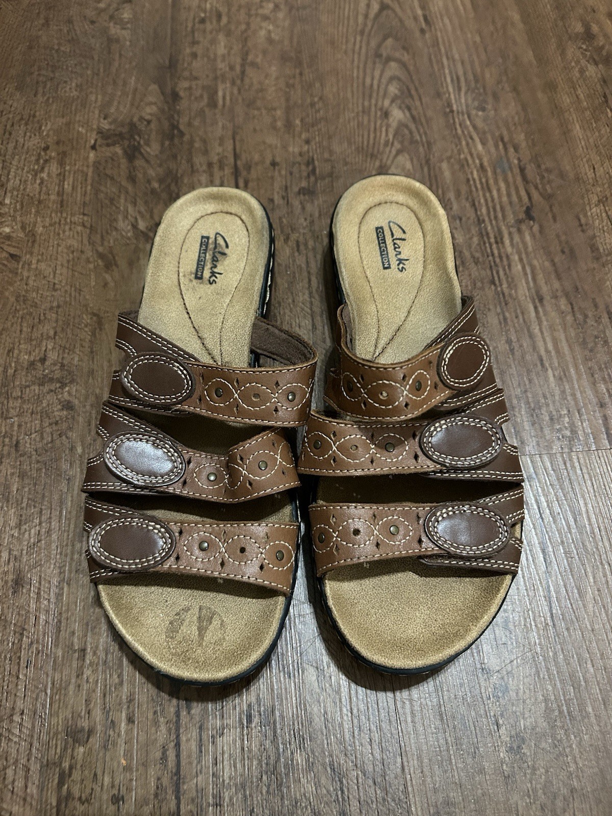 Clarks Collection Womens Brown Faux Leather Strappy Slide Sandals Slip-On 7.5