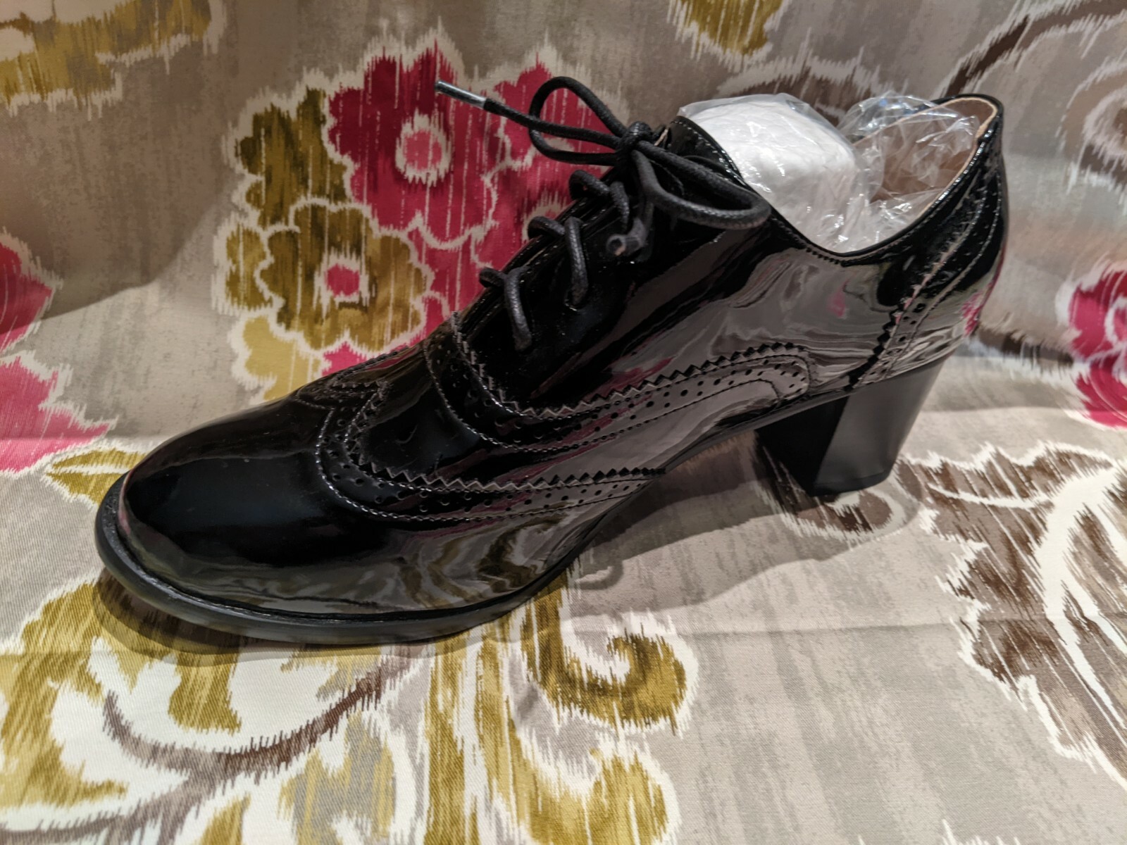 ODEMA Womens Brogue Lace Up Oxford Wing Tip Chunky Heels Patent Leather Shoes