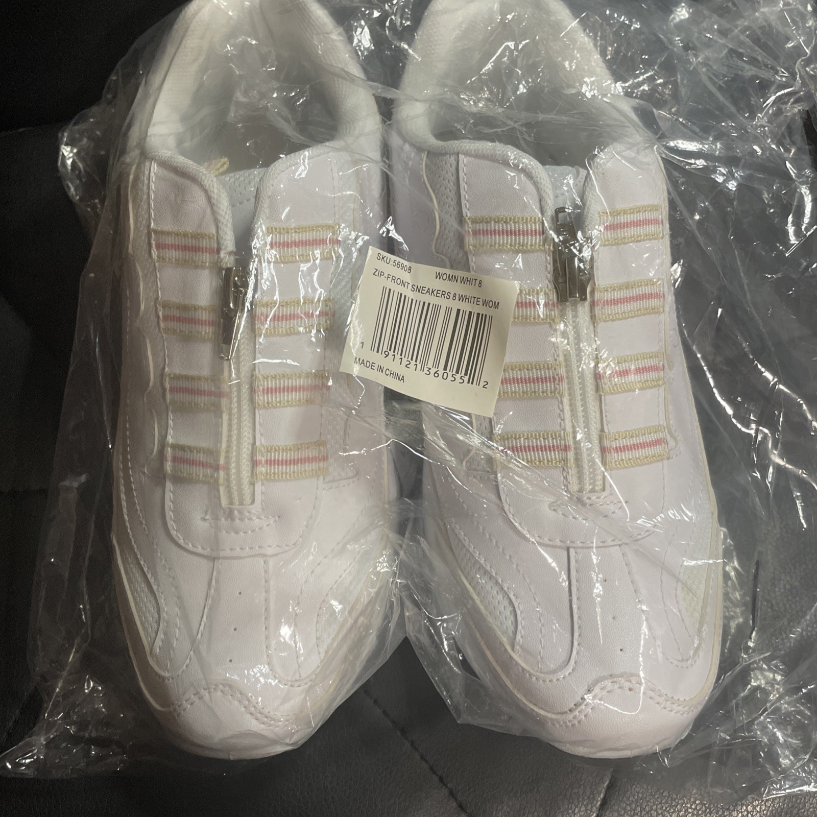 New Women’s Walking Shoes Zip Front Sneakers Strip White Pink Tan size 8 Unbrand