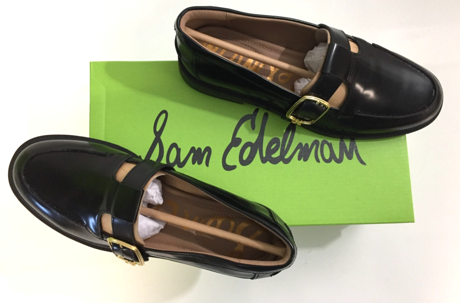 Sam Edelman Women’s Elaina Slip On Black Lea Loafers Gold buckle