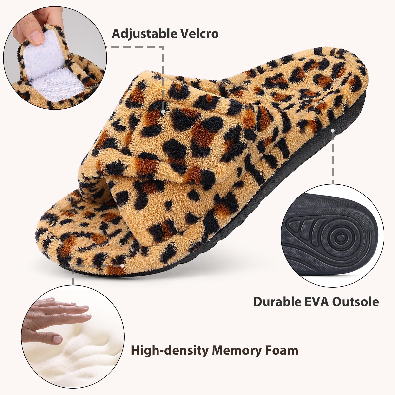 Litfun Women’s Orthopedic Slippers with 5.5-6 Women/4-4.5 Men, Cheetah Brown