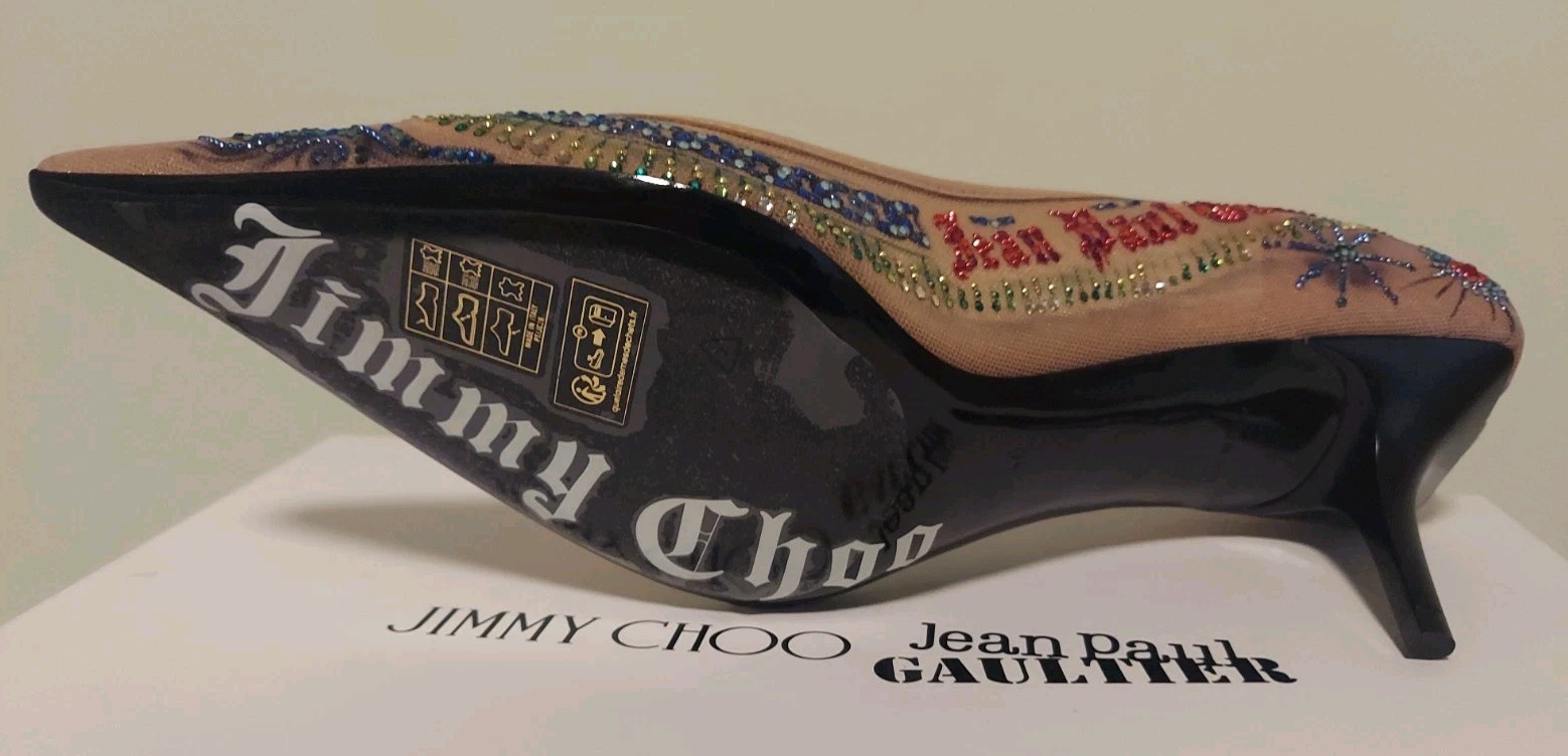 JIMMY CHOO Jean Paul GAULTIER Sexy LOGO CRYSTAL PUMPS 40 LOVE SHOES 40 MM
