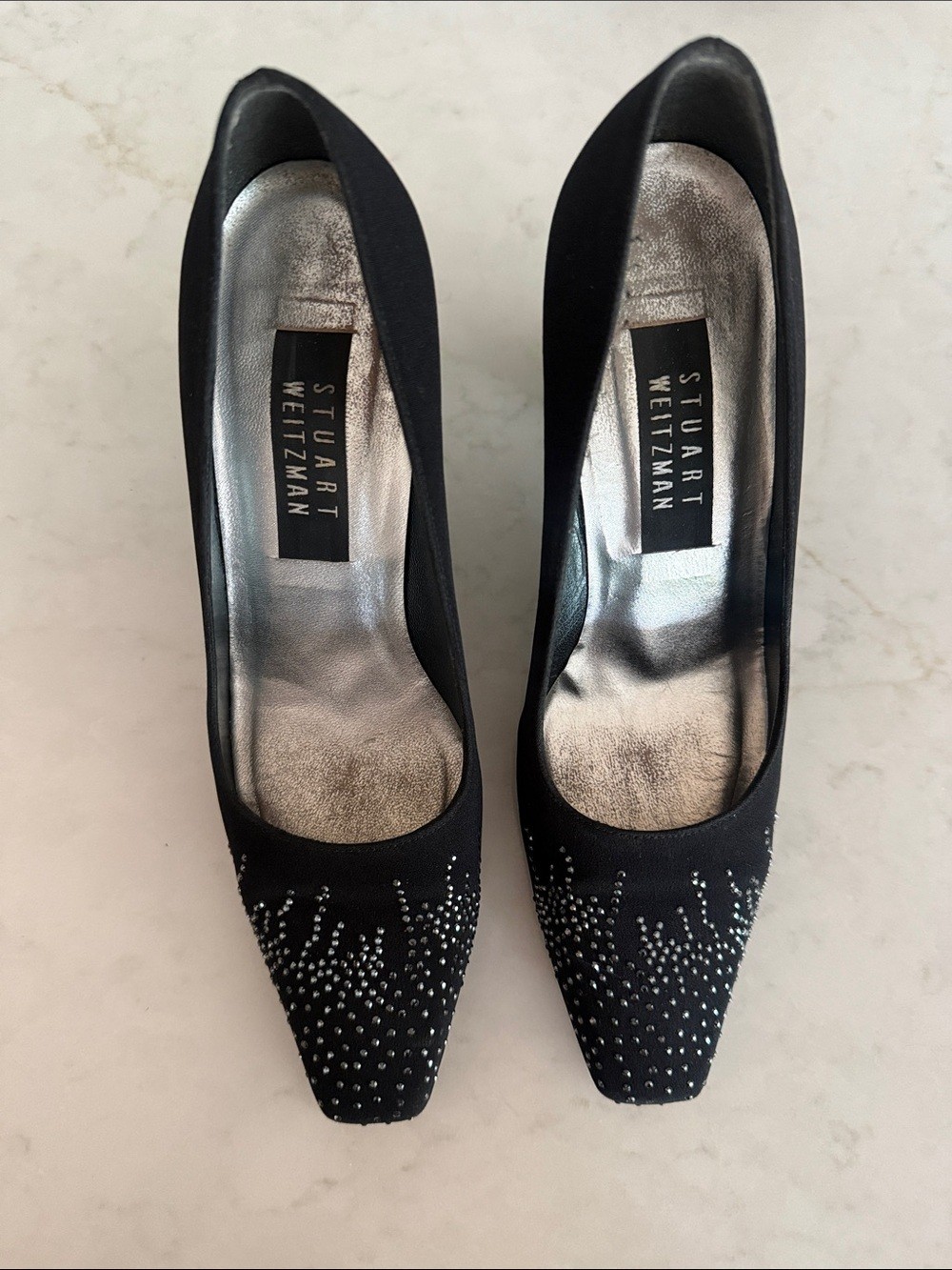 Stuart Weitzman Black Crystal-Studded Pointed Pumps