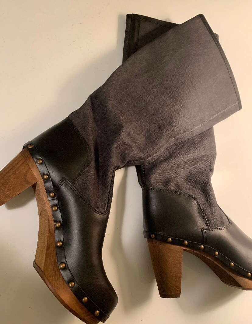 Anthropologie Boots 8 SANITA Knee High COLLAGE Waxed Canvas Leather Clog 39 NWT
