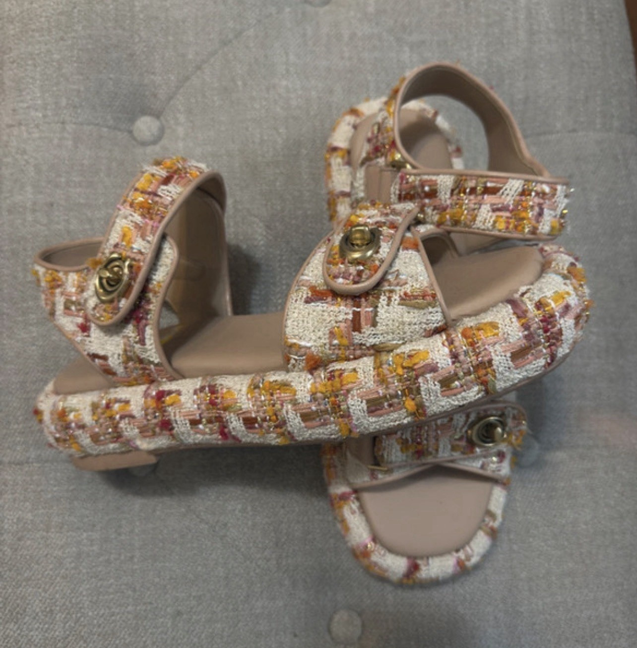 Coach Multicolor Tweed & Leather Strappy Flat Ankle Strap Sandals 8.5