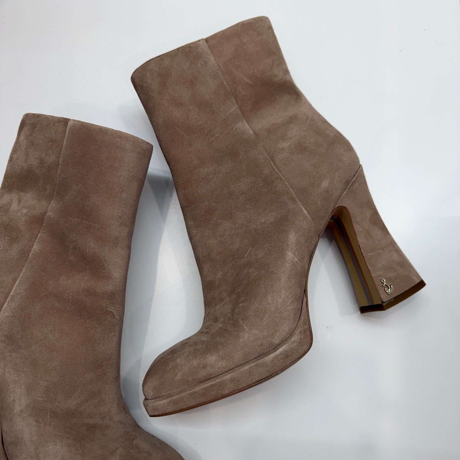 $180 Sam Edelman Taupe Heeled Platform Jaye Boots 8.5 in Cashmere Suede Color