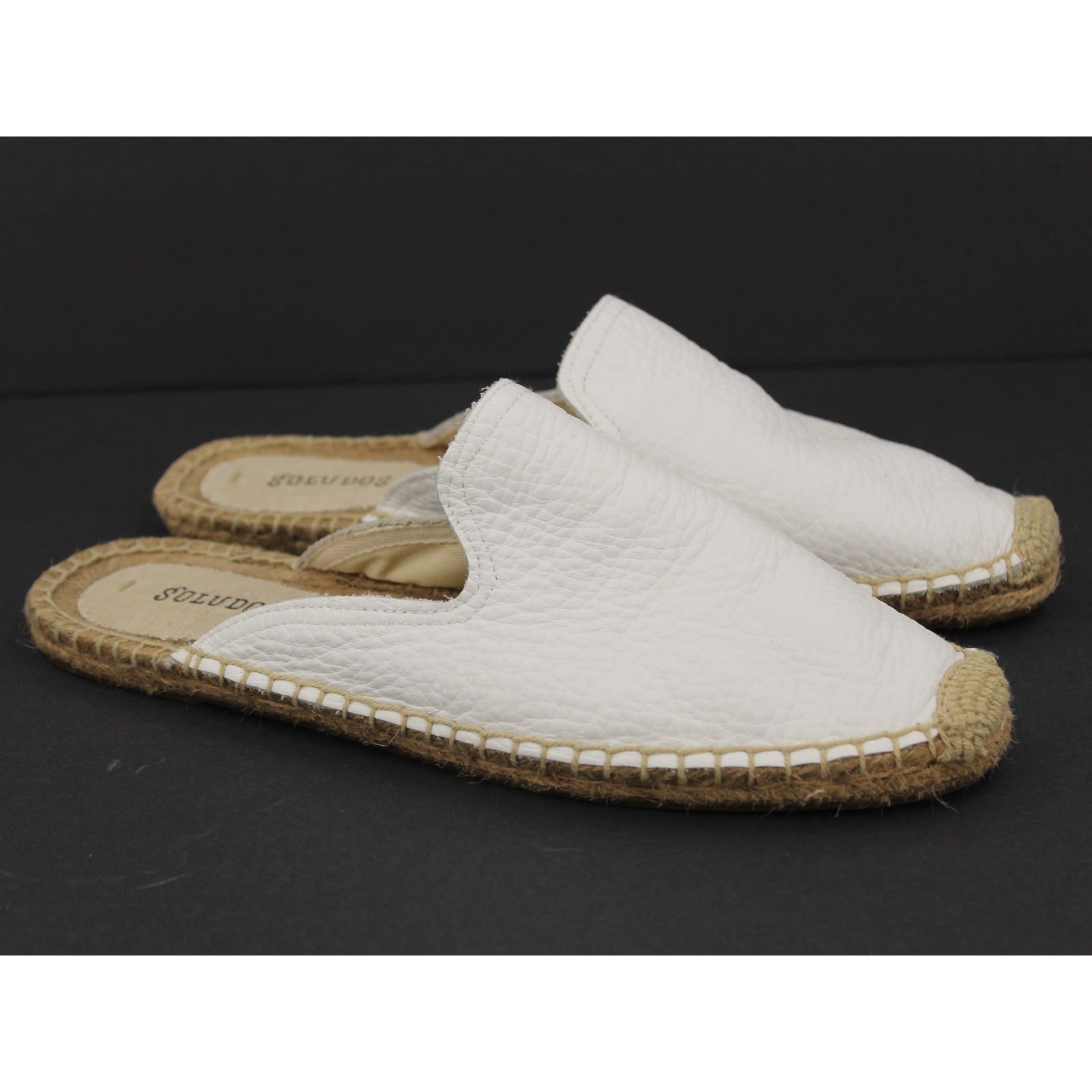 Soludos Pebbled Leather Espadrille Mules Size 8.5 White Slides
