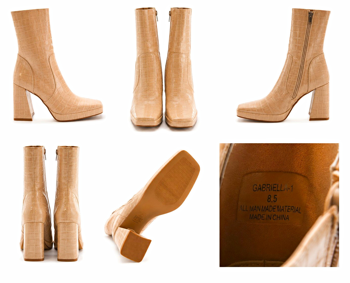 Gabriella GABRIELLA-1 Beige Croc Embossed Mid-Calf Square Toe Zip Boot 8.5
