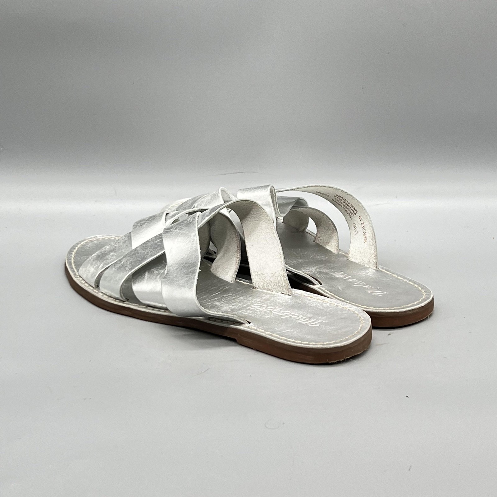 Madewell Sandals Women 9 Silver Leather Boardwalk Woven Strappy Slide Flat Shoes