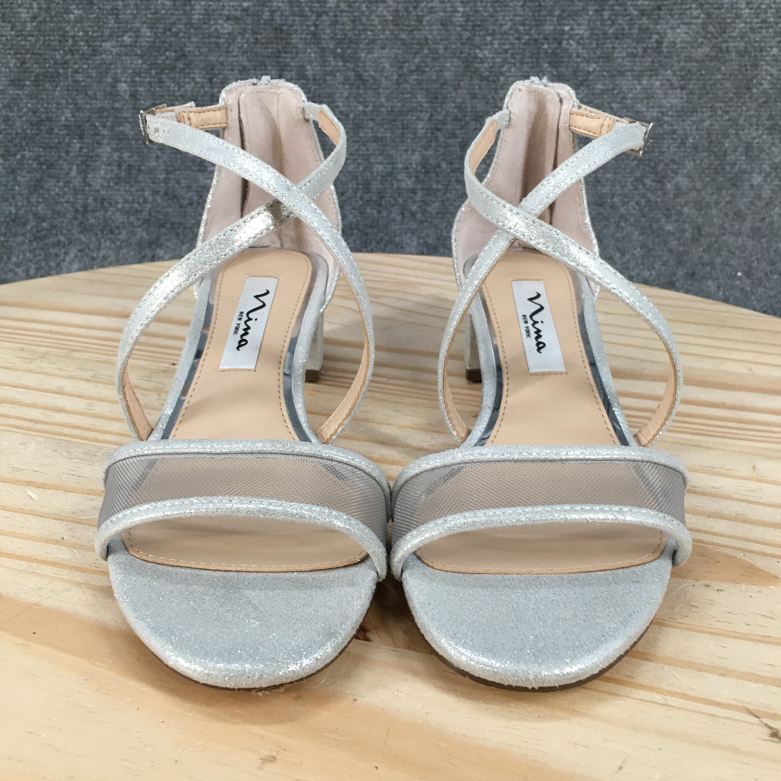 Nina Sandals Womens 6 M Ankle Strap Back Zip Casual Comfort Block Heels Silver