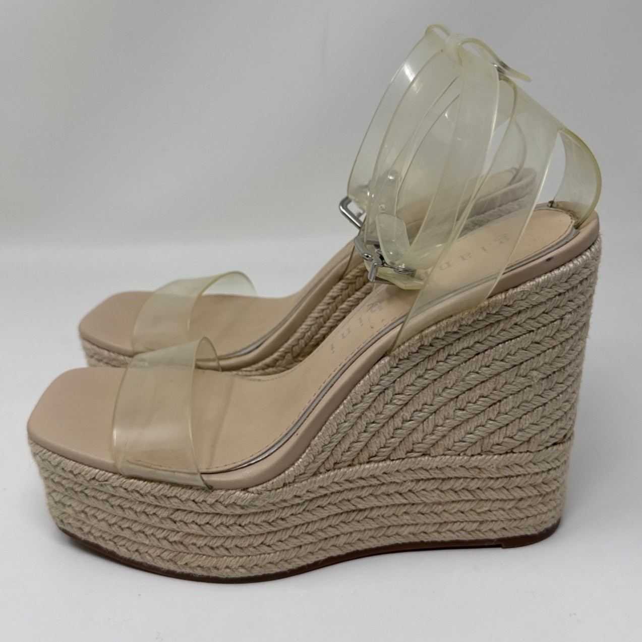 Gianni Bini Espadrille Platform Wedge Sandals Women 6 Nude Clear PVC Ankle Strap