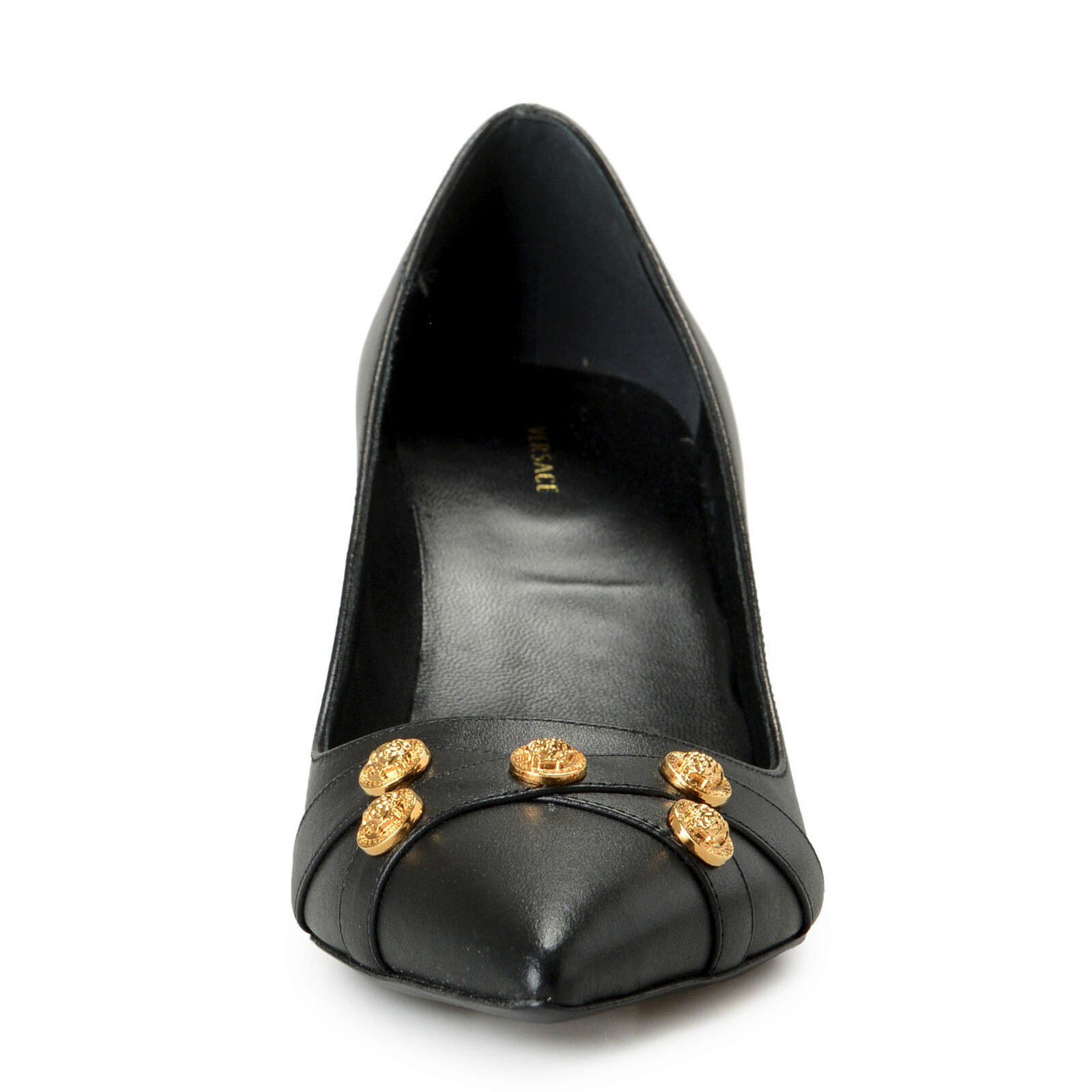 Versace Women’s Black Gold Medusa Logo Leather Heeled Pumps Shoes US 6 IT 36