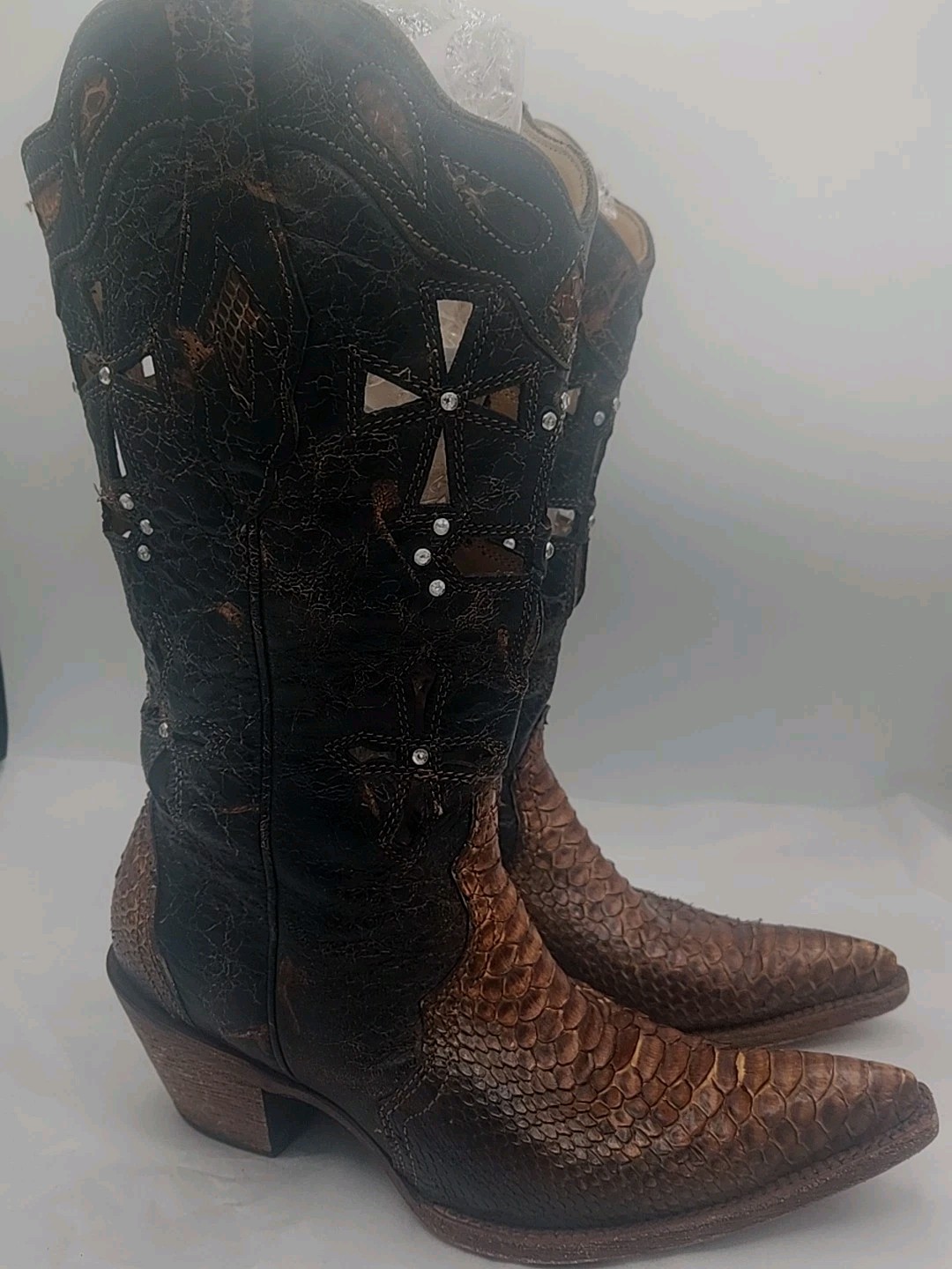 Corral Musgo Python Snakeskin Boots Black Brown Cross Cut-Outs Crystals Sz 9.5