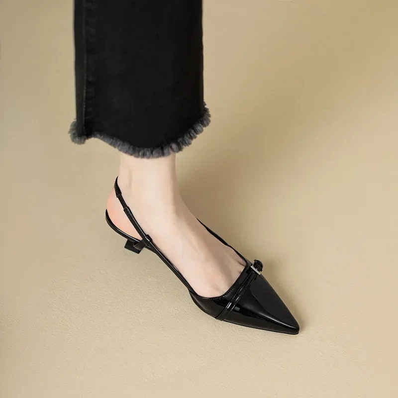 Women’s Wine Red Patent Leather Pointed Toe Mid Heel Slingback Sandals Shoes