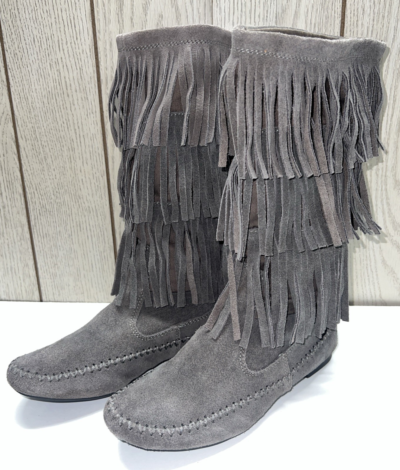 LC Lauren Conrad Thia 3-Tier Fringe Slip On Flat Festival BoHo Moccasin Boot 6 M