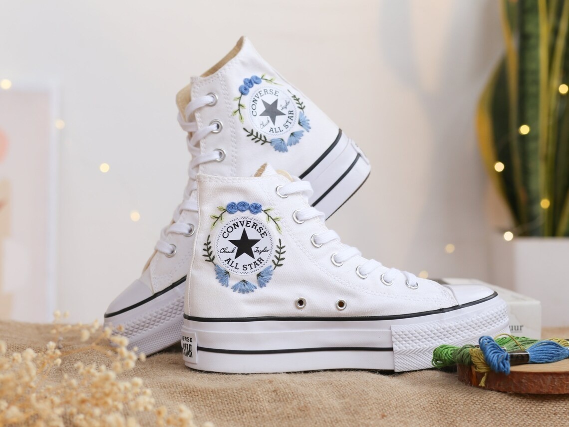 Custom Converse Platform Shoes Floral Embroidered Bridal Sneakers White