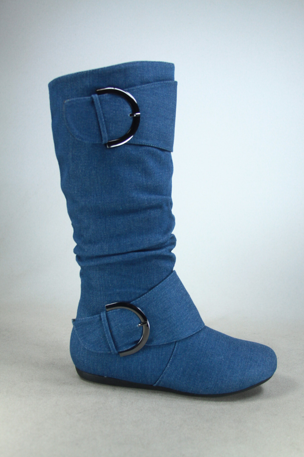 Women’s Flat Heel Buckle Side Zip Wide Calf Mid Calf Round Toe Boots Shoes NEW
