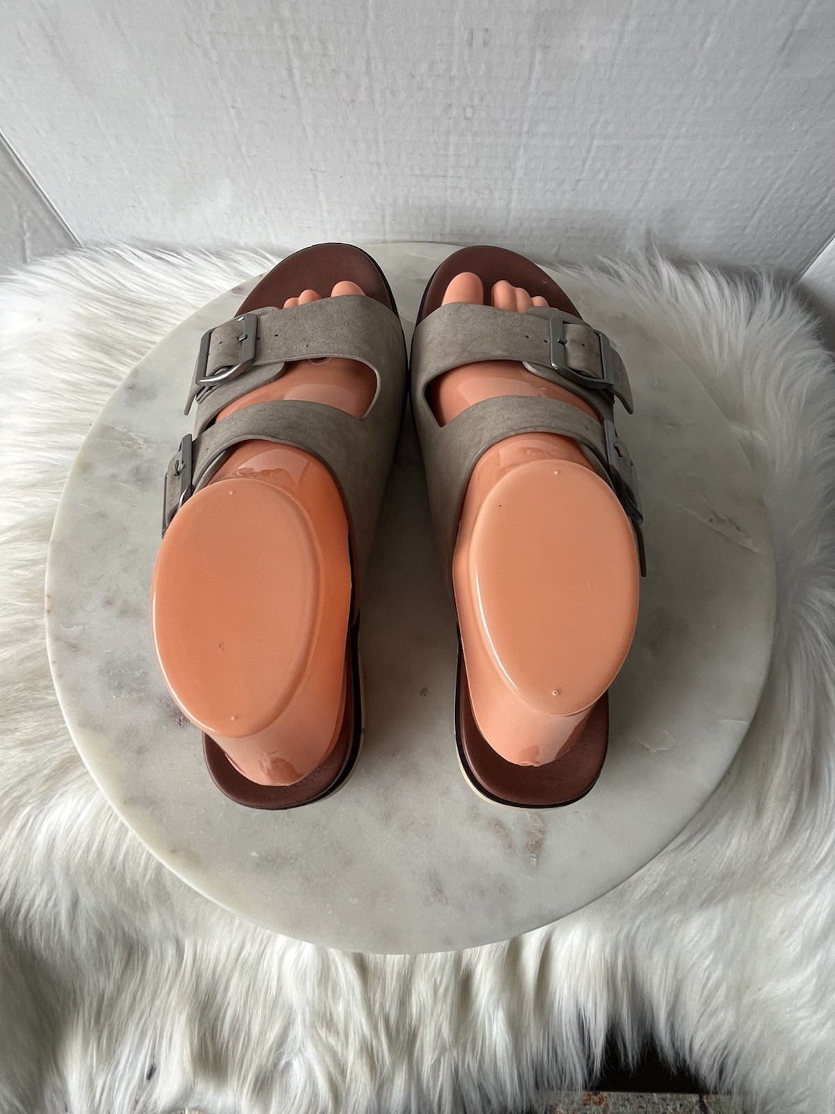 MIA Leila Women’s Size 8.5 Beige Brown Slide Sandals Double Straps and Buckle