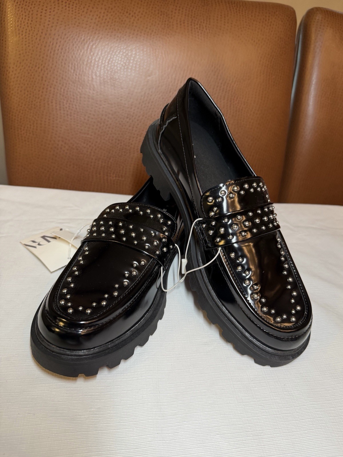 ZARA Women’s Black Studded Loafer Flats Slip-On Round Toe US 7.5-8 EU 38 Casual