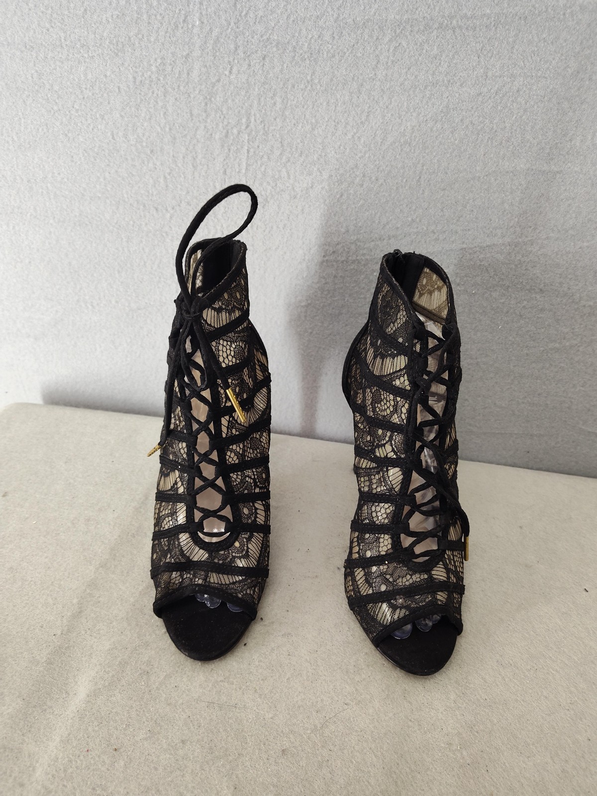 JustFab Women Pump 9 Black Lace Up Stiletto Heels Peep Toe Booties Sexy Shoes