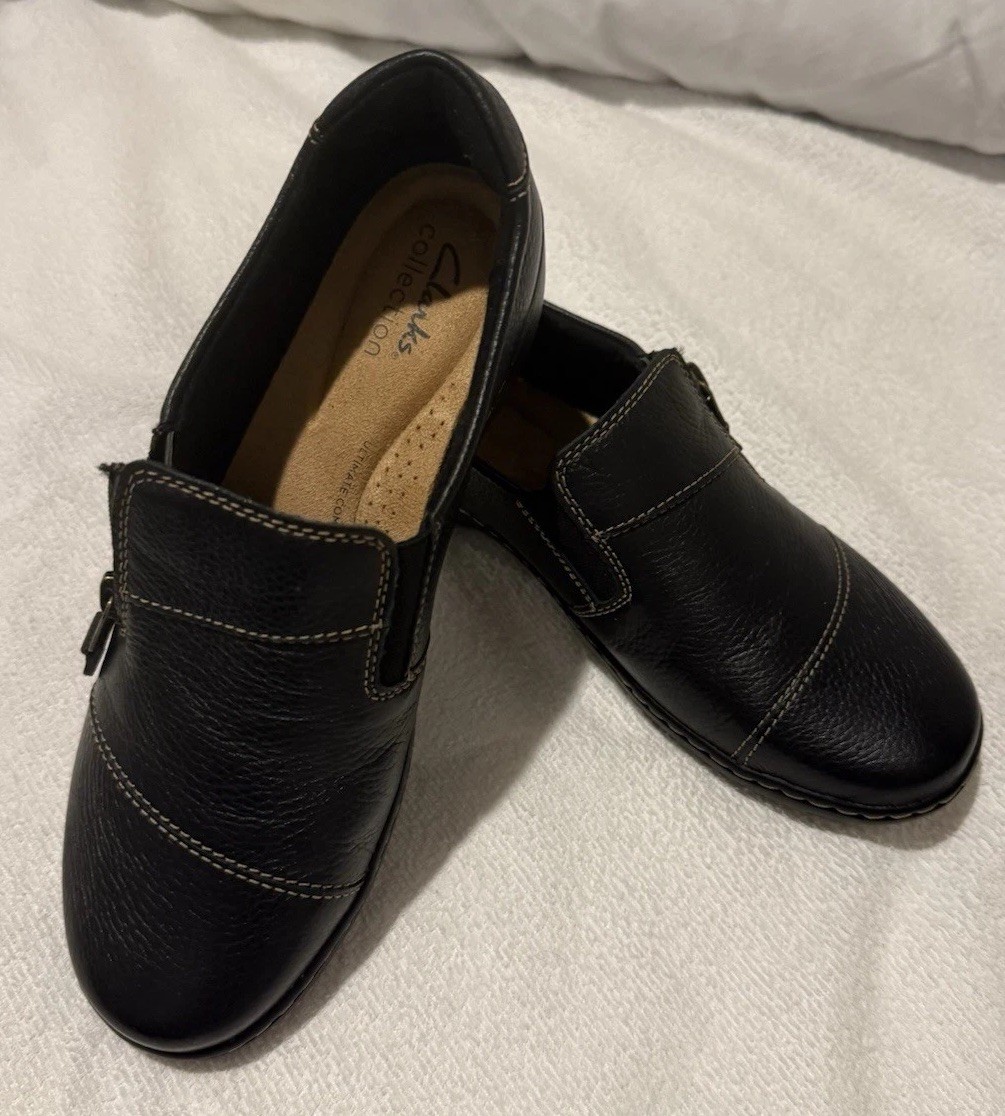 Clarks Carleigh Ray Leather Slip on Comfort Shoes Black for women S 7.5 Medium